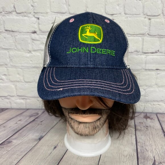 John Deere Blue Denim Hat Mesh Pink Strap Back Women One Size Fits All New Tag - Picture 1 of 9